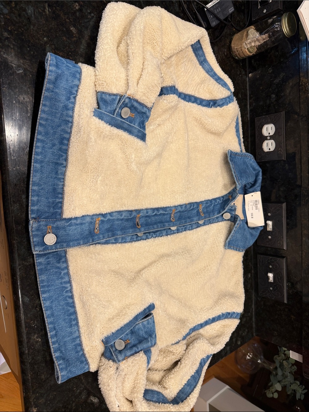 Blank NYC Cream Sherpa Jacket with Blue Denim Trim - Picture 3 of 10